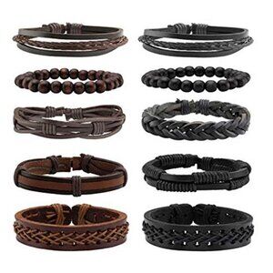 Braided Leather Bracelet Set 10 Pcs Adjustable Mens Womens Beaded Wrap